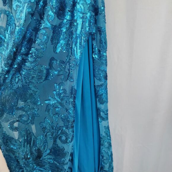 B. Darling Prom All Over Sequined Gown Blue flora Maxi Dress Turquoise Slit New - Picture 11 of 12